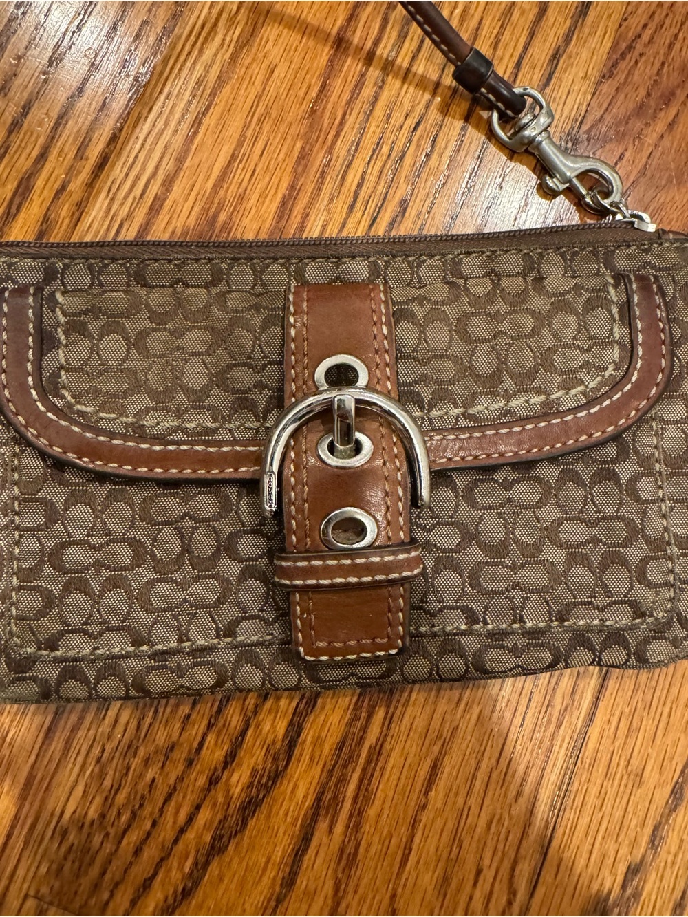 Coach Brown Signature Canvas Wristlet with Leather Buckle Trim